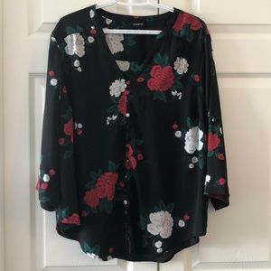 Floral holiday patterned button up blouse